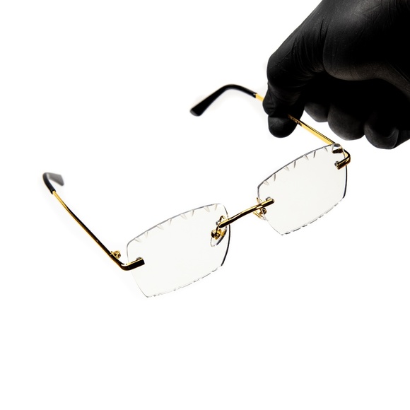 Men's Gold Wire Frame Rimless Diamond Cut Clear Lens Vintage Hip Hop Glasses - Picture 1 of 5